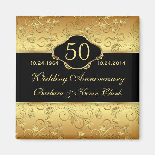 Imã Aniversário de casamento dourado floral do preto