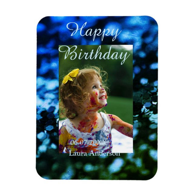 Ímã Aniversário de criança de fotos azul verde-brilhan (Vertical)