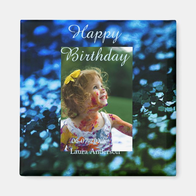 Imã Aniversário de criança de fotos azul verde-brilhan (Frente)