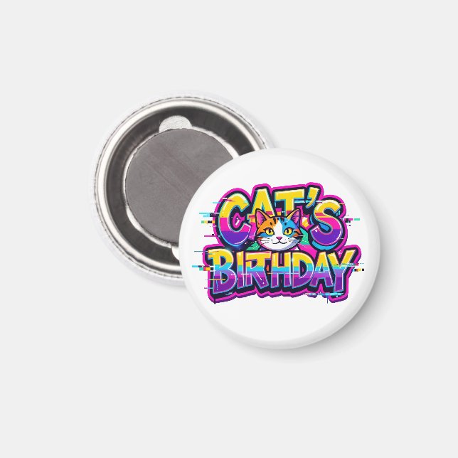 Imã Aniversário do Gato Efeito Glitch Arco-Íris (Front/Back)