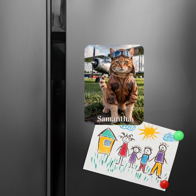 Ímã Aniversário Piloto de Cat Foto e Avião Engraçado A (Criador carregado)