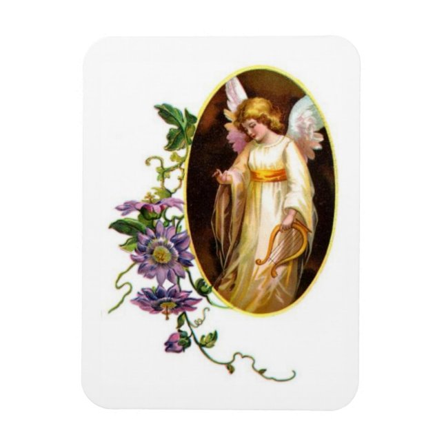 Ímã Anjo Com Harpa E Flores De Clematite (Vertical)