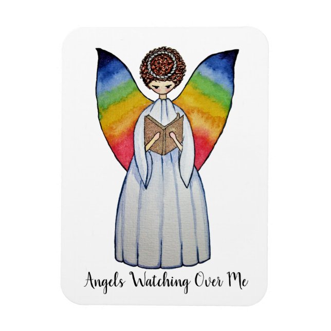 Ímã Anjo De Aquarela Com Asas Arco-Íris Lendo Um Livro (Vertical)