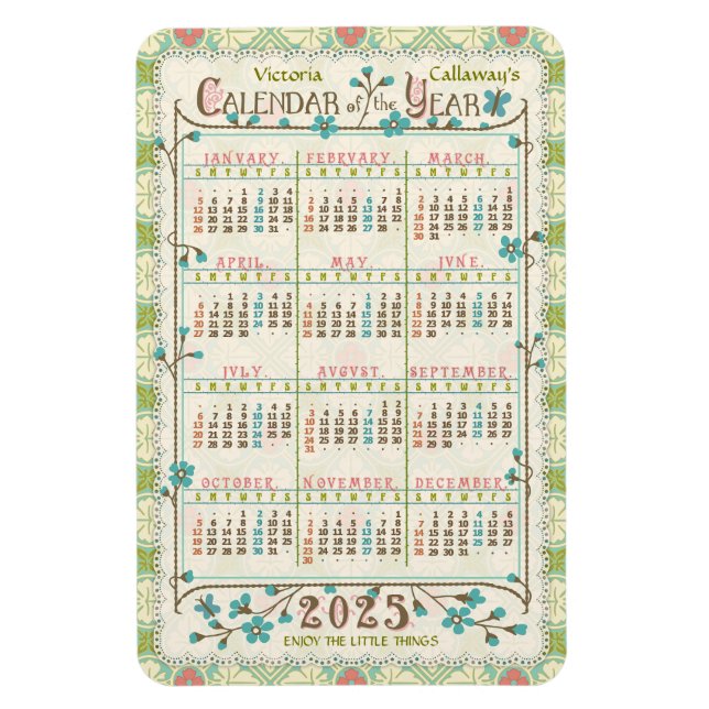 Ímã Ano Calendário Personalizado 2025 | Art Nouveau Vi (Vertical)