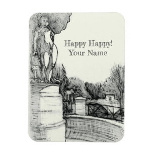 Ímã Antiga fonte no parque com o garoto da escultura