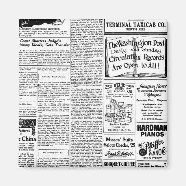 Imã Antigo jornal preto e branco, anúncio retrô antigo (Frente)