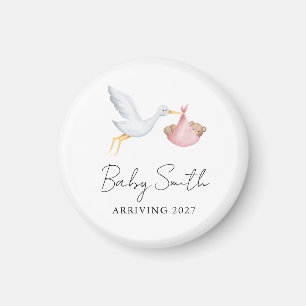 Imã Anúncio de Ano de Bebê Menina com Stork em Aquarel