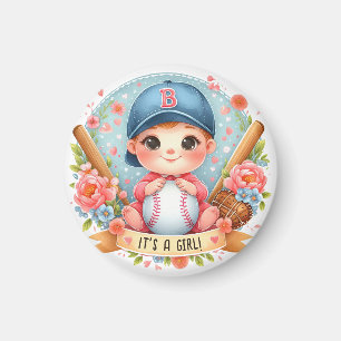 Imã Anúncio de Bebê Menina Floral Baseball Bliss