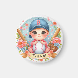 Imã Anúncio de Bebê Menina Floral Baseball Bliss