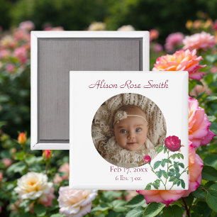 Imã Anúncio de Nascimento de Menina Bebê Rosa Vintage