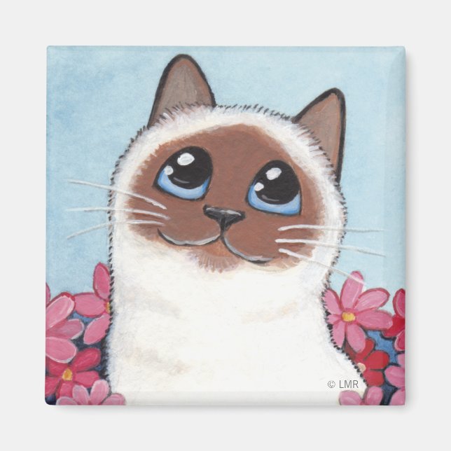 Imã Apontado Birman Cat & Flowers - Magnet de Cat Art (Frente)