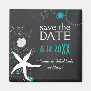 Imã Aqua White Chalkboard Beach Casamento Salve a Data