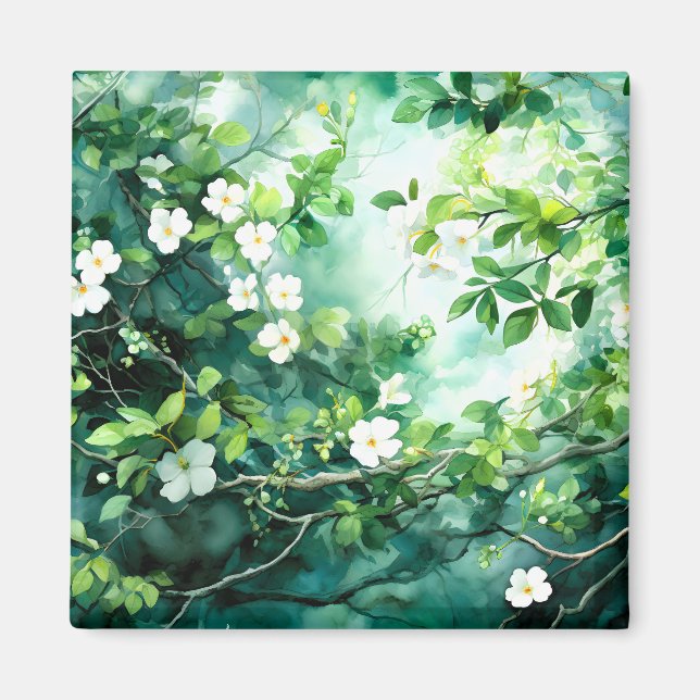 Imã Aquarela Botânica Flores Brancas Folhas Verdes (Frente)