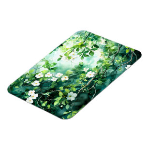 Ímã Aquarela Botânica Flores Brancas Folhas Verdes