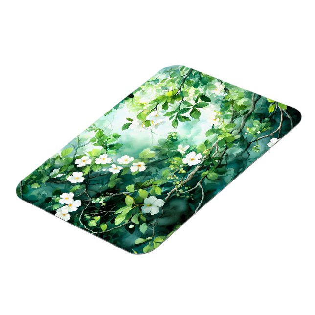Ímã Aquarela Botânica Flores Brancas Folhas Verdes (Left Side)