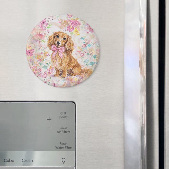 Imã Aquarela Dachshund de Cabelo Longo Floral Pastel (In Situ (Fridge))