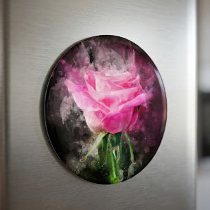 Imã Aquarela de Rosa Rosa em Fundo Preto
