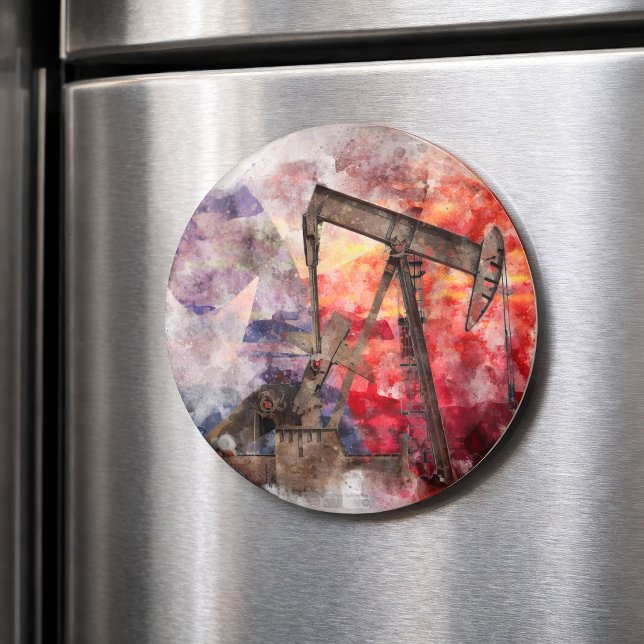 Imã Aquarela do Texas Pumpjack com Arte da Bandeira do (Texas Pumpjack Watercolor with Texas Flag Art. Magnet)
