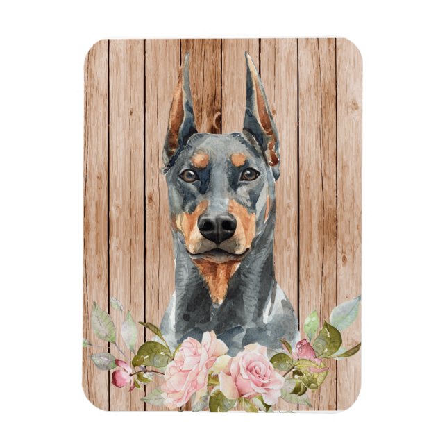 Ímã Aquarela Doberman & Flores (Vertical)