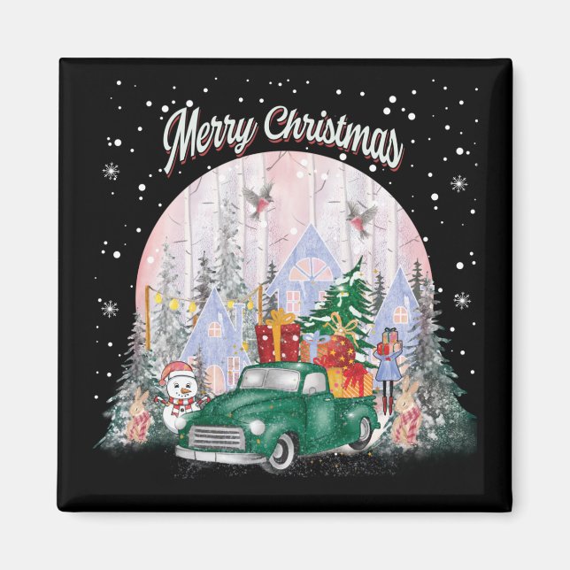 Imã Aquarela Feliz Natal, Carro De Presentes (Frente)