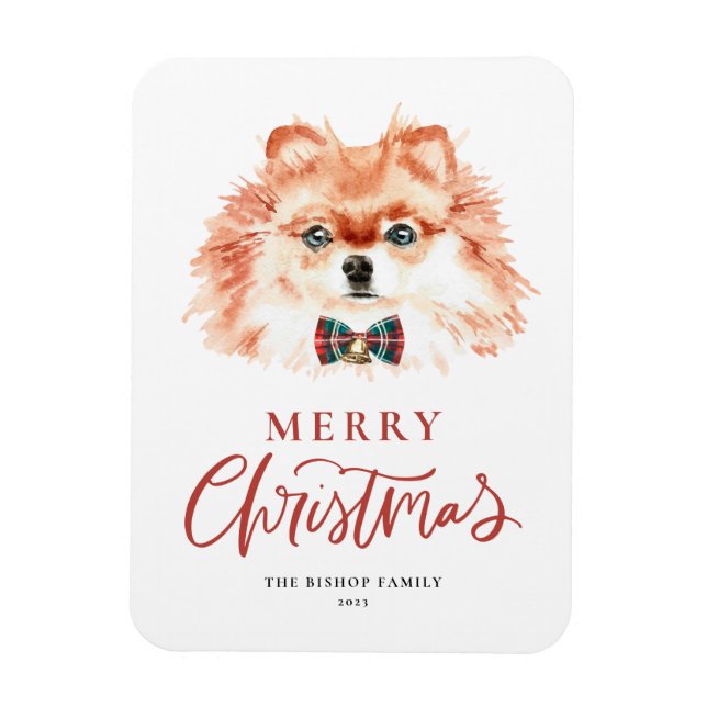 Ímã Aquarela Festiva Cão Pomeraniano Feliz Natal (Vertical)