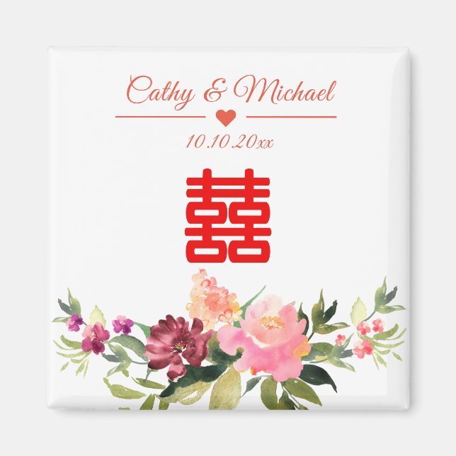 Imã Aquarela flor dupla felicidade casamento chinês (Frente)