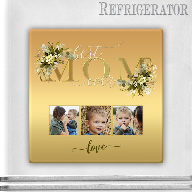 Imã Aquarela Fotografia Floral Colagem Mãe Magnet (Gold magnet with 3 custom photos, script text and watercolor flowers for Mom or Mother's Day)
