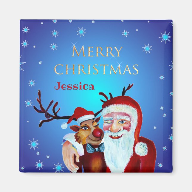 Imã Aquarela Magical Santa Claus Sorrindo Rudolph (Frente)