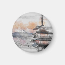 Aquarela Pagode Japonesa e Viagem ao Mt. Fuji