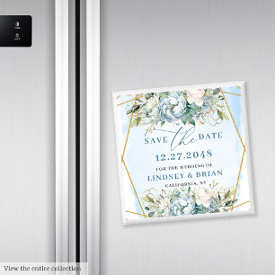 Imã Aquarela Peônias Azul Poeira Dourado Salve a Data