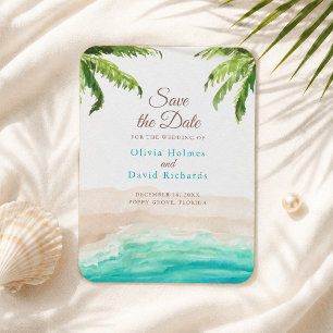 Ímã Aquarela Praia e Folhas de Palmeira Salva a Data