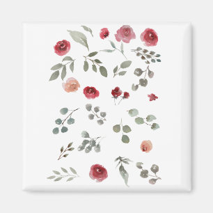 Imã Aquarela Rosas de Aquarela Folhas Verdes Folhas