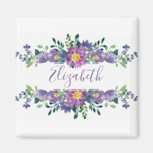 Imã Aquarela roxa floral personalizada