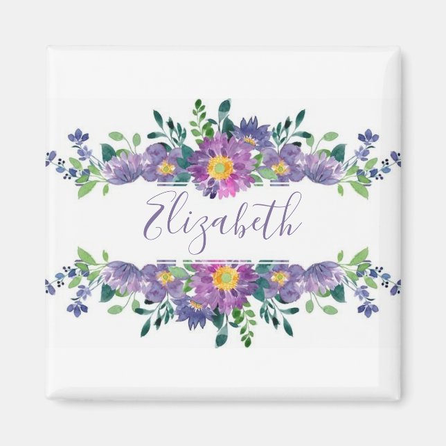 Imã Aquarela roxa floral personalizada (Frente)