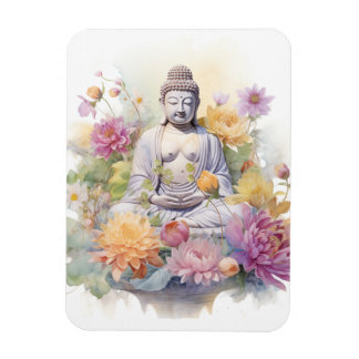 Ímã Aquarela Serene Buddha Cor-de-rosa Flores Amarelas