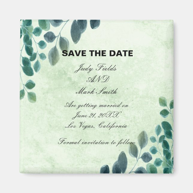 Imã Aquarela Verde Eucalyptus Deixe Salvar A Data (Frente)