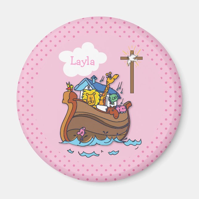 Imã Arca de Noé Personalizável Batismo de Bebê, Menina (Frente)