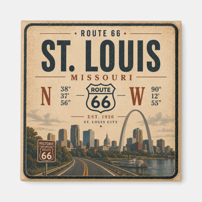 Imã Arco da Rota 66 de St Louis Coordenadas Lembrança (Frente)