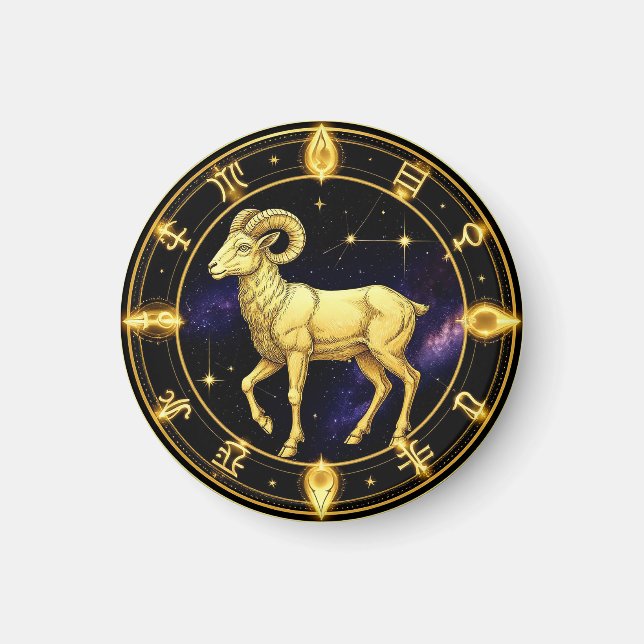 Imã Áries Dourado do Círculo Zodiacal Com Carneiro (Frente)