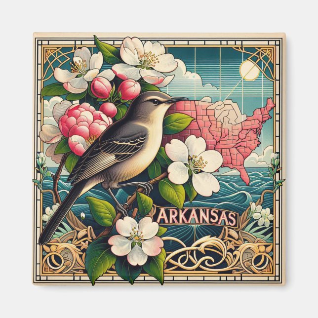 Imã Arkansas State Bird and Flower Art Deco Design (Frente)