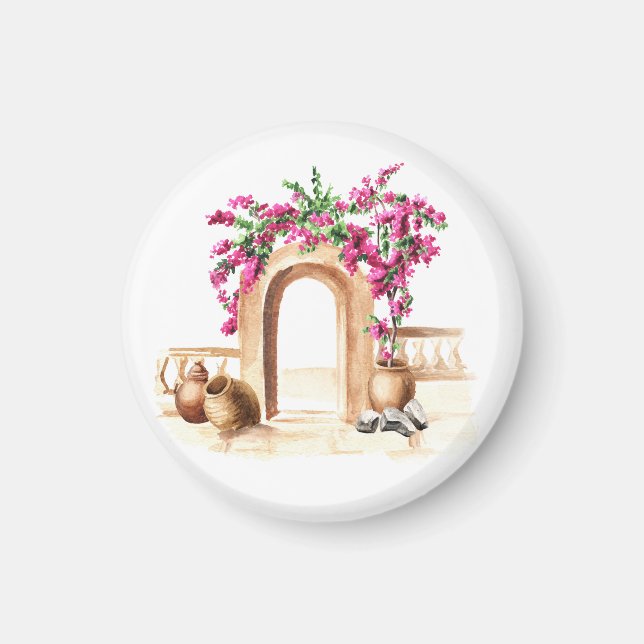 Imã Arquitetura mediterrânica, flores, aquarela, h (Frente)