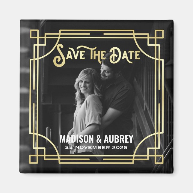 Imã Art Deco Add Your Photo Elegant Dourado Save the D (Frente)