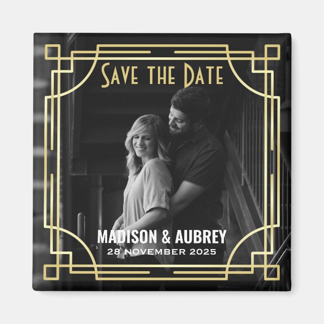 Imã Art Deco Add Your Photo Save the Date Dourado Gats (Frente)