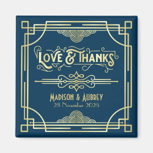 Imã Art Deco Casamento Amor e Obrigados Dourado Azul F