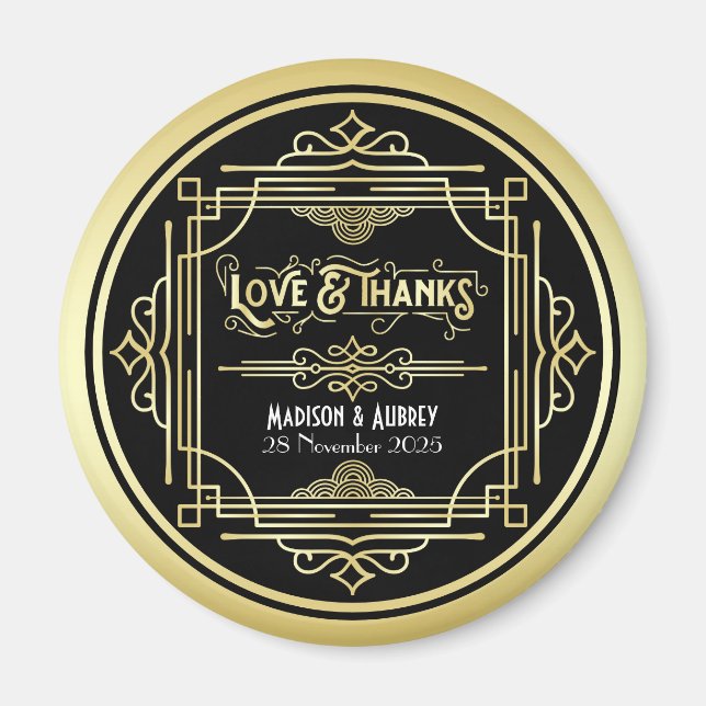 Imã Art Deco Casamento Amor e Obrigados Dourado Favor  (Frente)