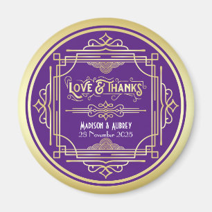 Imã Art Deco Casamento Amor e Obrigados Dourado Púrpu