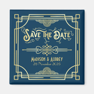 Imã Art Deco Casamento Elegante Azul Dourado Salve a D