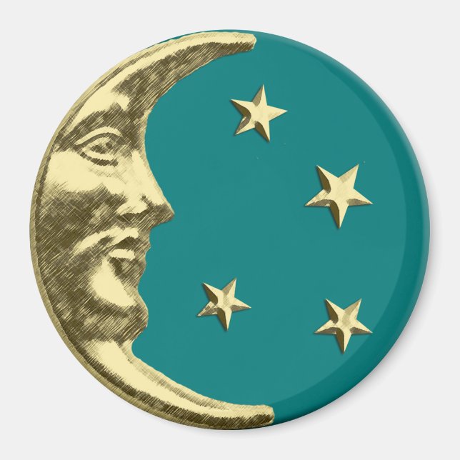 Imã Art Deco Moon e Estrelas - Teal e Dourado (Frente)