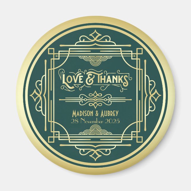 Imã Art Deco Wedding Love & Obrigados Dourado Favor Ve (Frente)