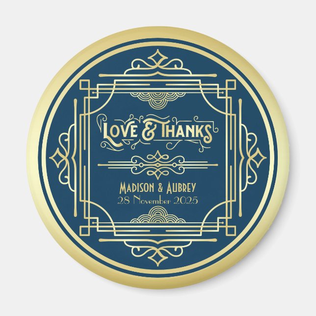 Imã Art Deco Weding Love & Obrigados Dourado Blue Favo (Frente)